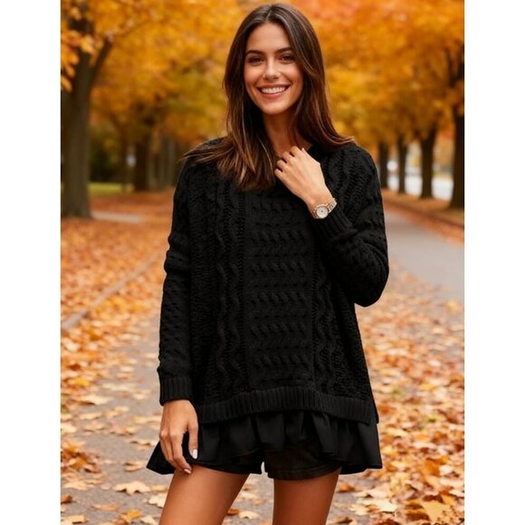 Women's Cable Knit Sweater Dress Ruffle Hem Mini Dresses Long Sleeves Black - Picture 3 of 6